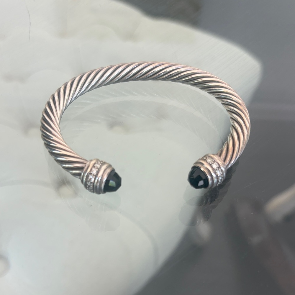 David Yurman Silver Twisted Cable Cuff Bracelet with Black Stone Ends